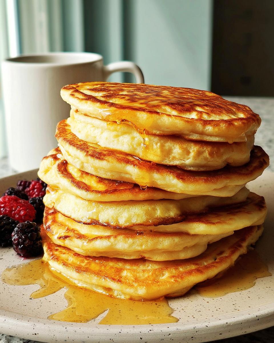 A stack of fluffy pancakes drizzled with syrup, served with berries, perfect for beginner breakfast ideas.