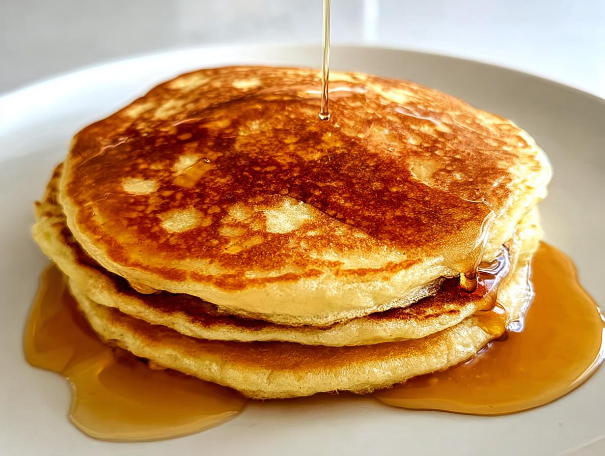 A stack of three fluffy pancakes drizzled with syrup, showcasing a perfect breakfast idea recipe.
