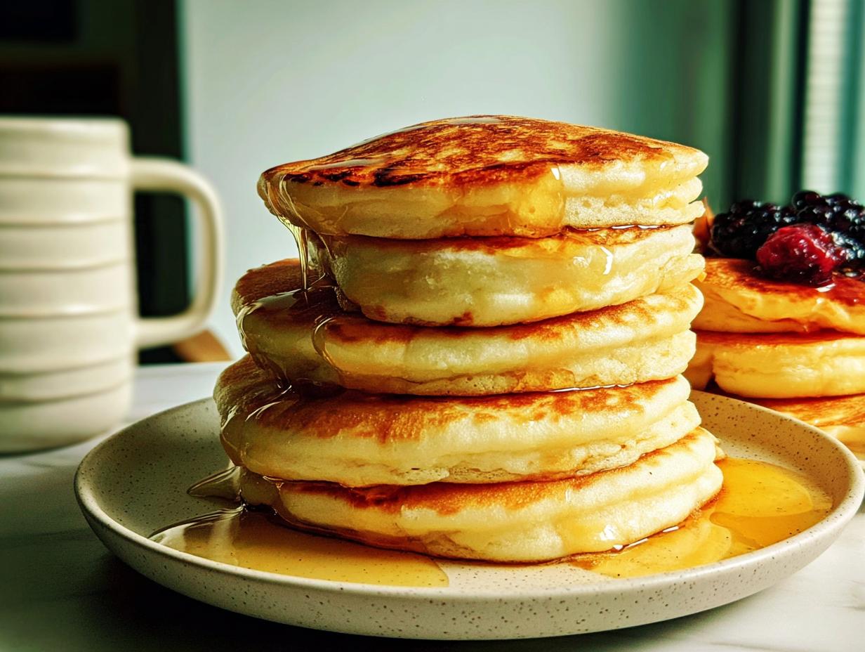 A tall stack of fluffy pancakes drizzled with syrup, part of the Ultimate Breakfast Ideas Recipes Guide for Beginners.