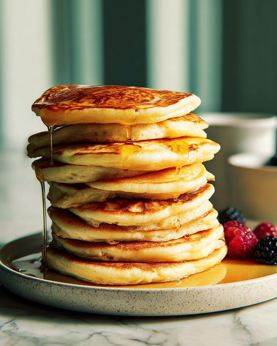 A tall stack of fluffy pancakes drizzled with golden syrup, served with fresh raspberries and blackberries. A perfect breakfast idea.