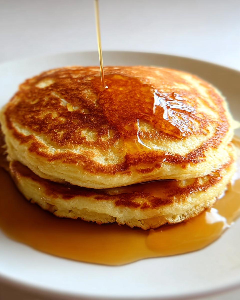 A stack of fluffy pancakes being drizzled with golden syrup, a perfect breakfast idea.