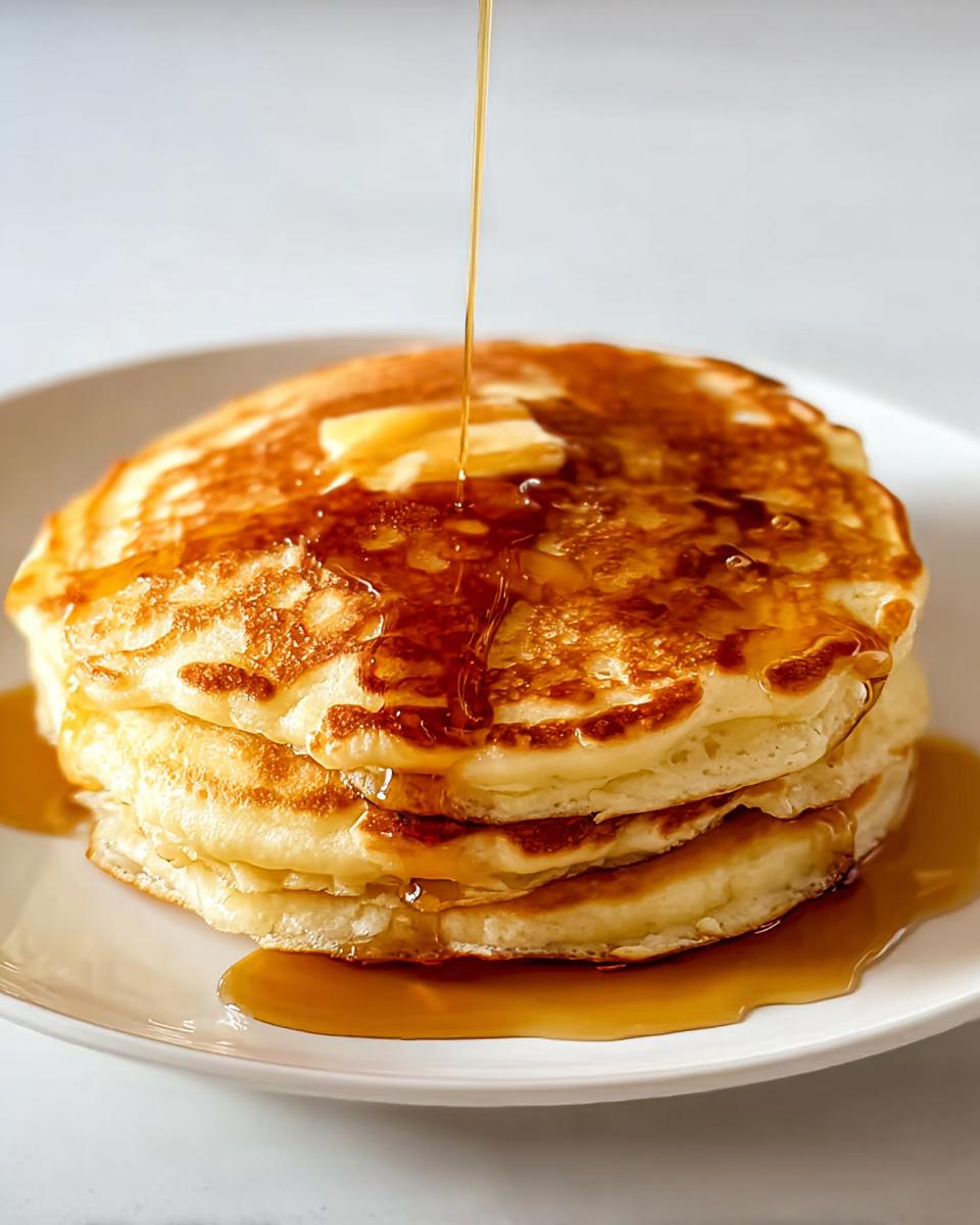 A stack of fluffy pancakes being drizzled with maple syrup, a classic breakfast idea.