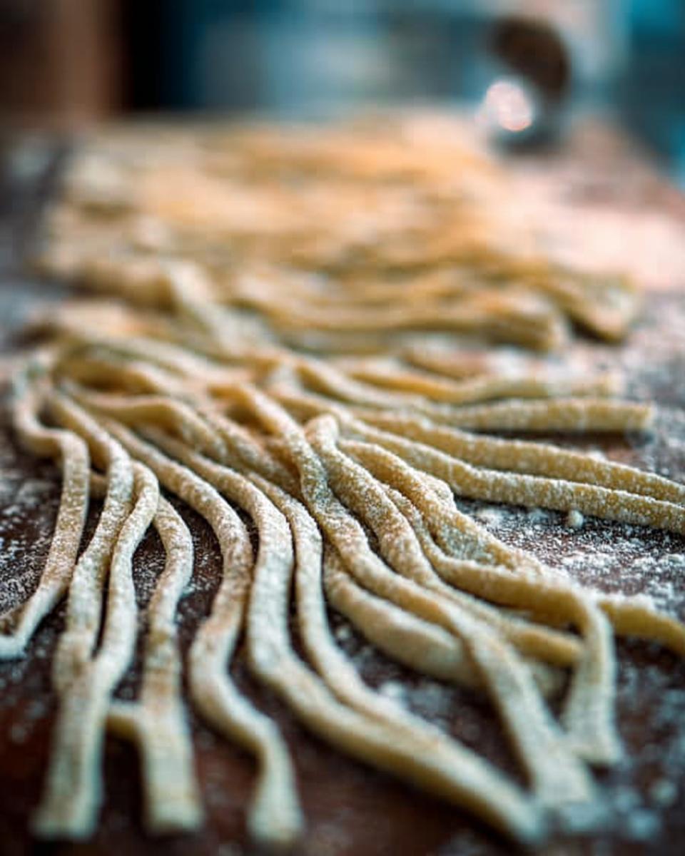 Close-up of freshly made pasta strands dusted with flour, ready for pasta recipes.