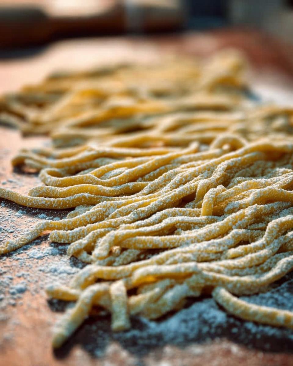 Close-up of freshly made pasta noodles dusted with flour, ready for pasta recipes.