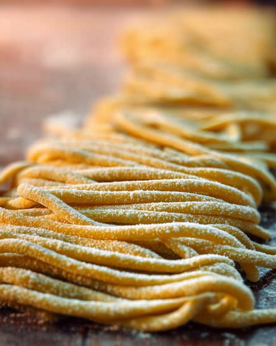 Close-up of freshly made pasta noodles dusted with flour, ready for pasta recipes.
