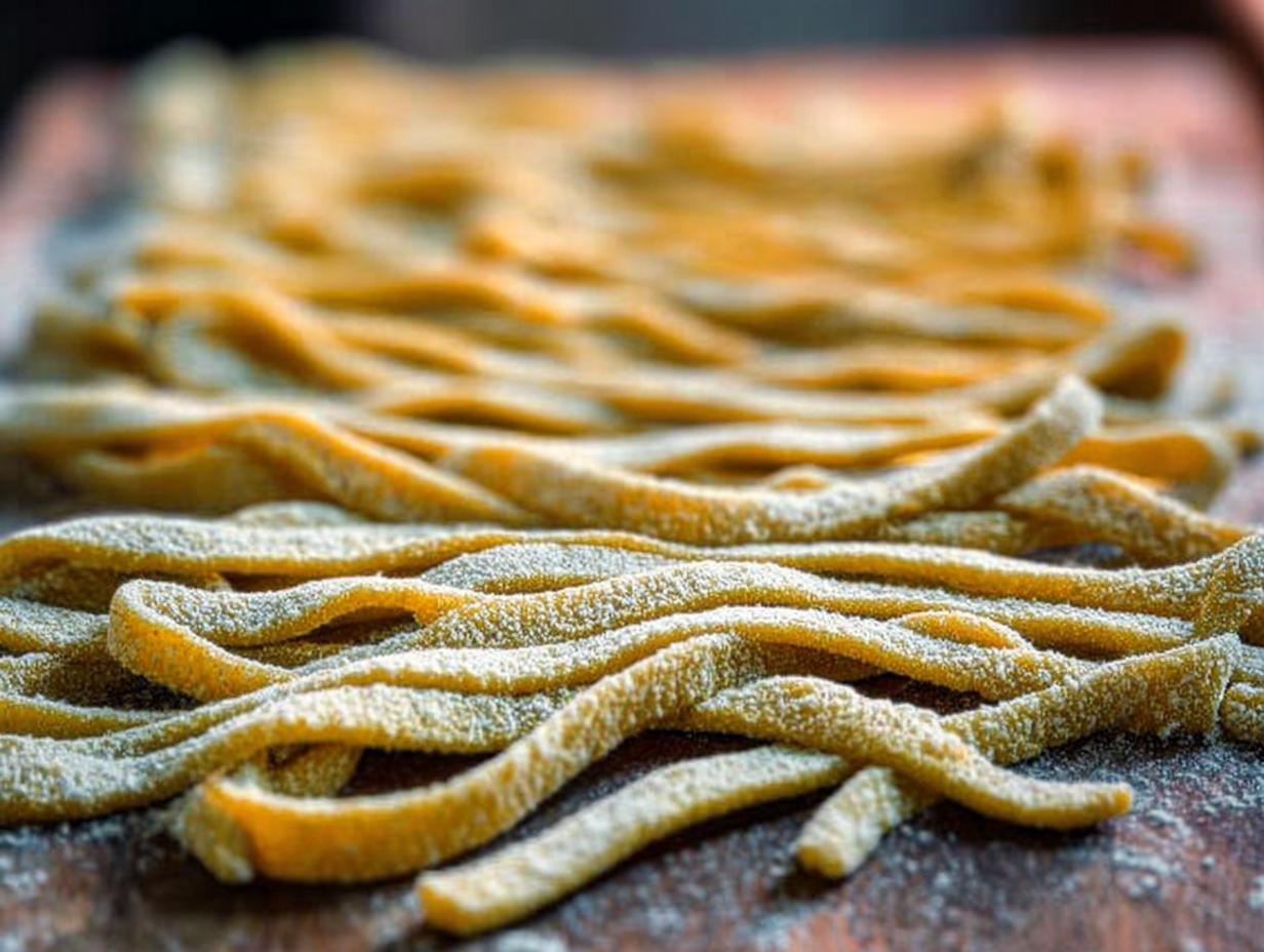 Close-up of freshly made pasta strands dusted with flour, ready for pasta recipes.