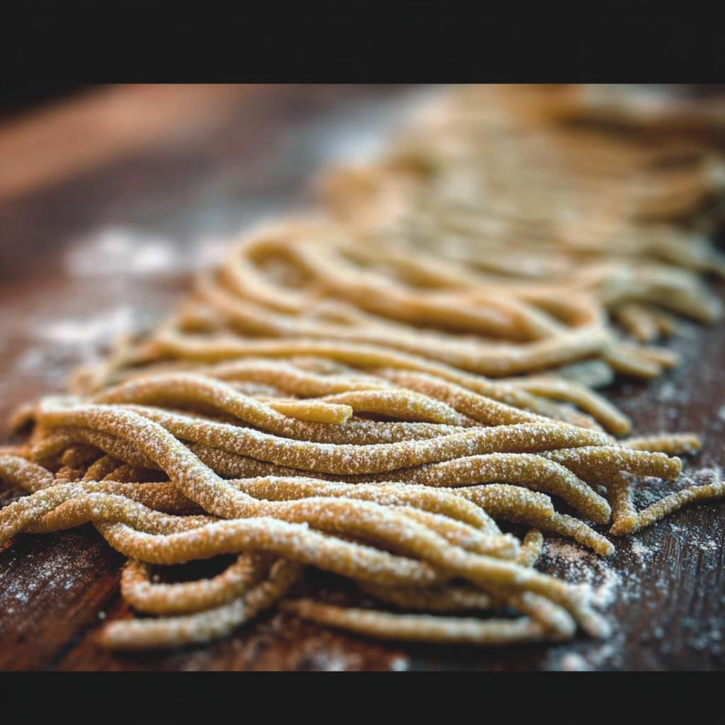 Close-up of freshly made pasta strands dusted with flour, ready for cooking.