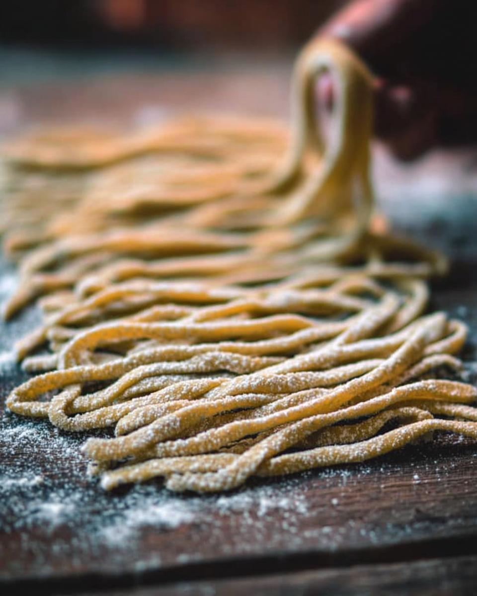 Close-up of freshly made pasta strands dusted with flour, ready for pasta recipes.
