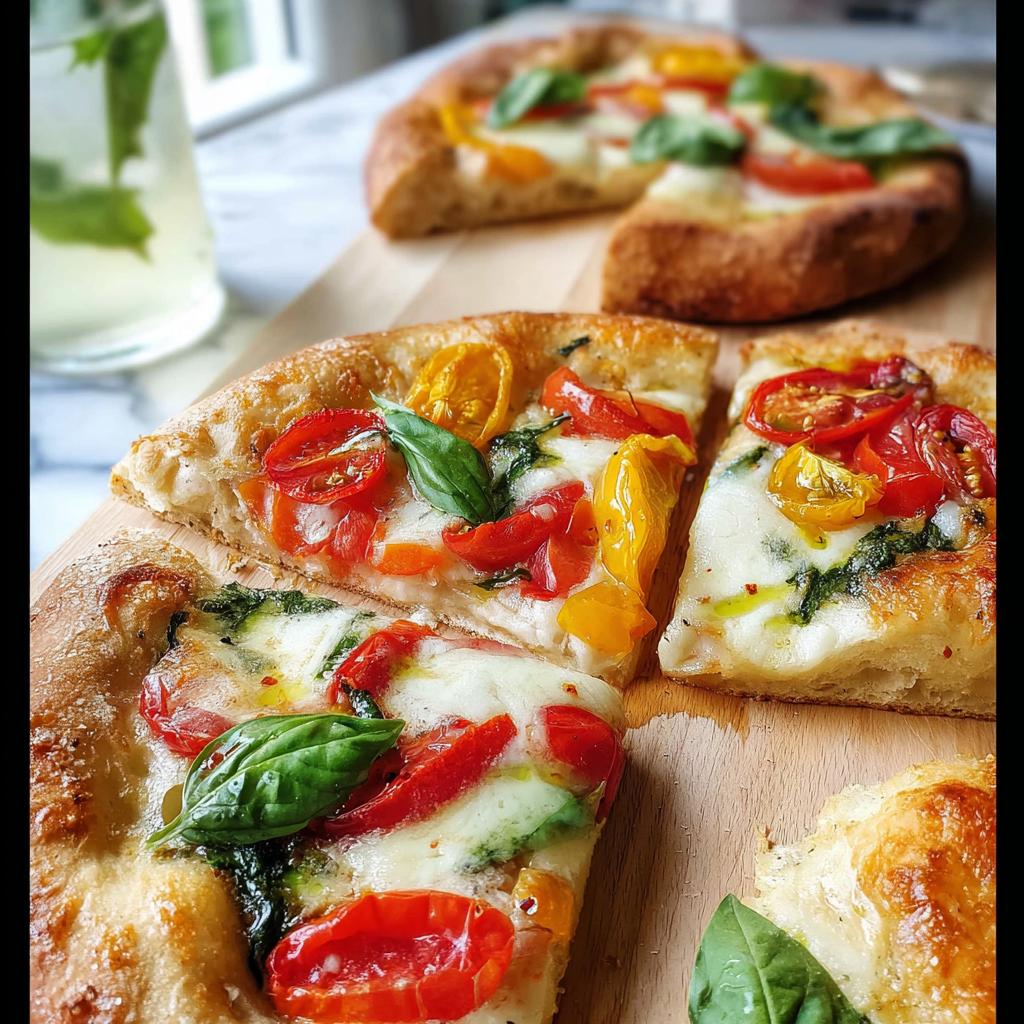 Close-up of fresh tomato and basil pizza slices, showcasing melted mozzarella and a golden crust.