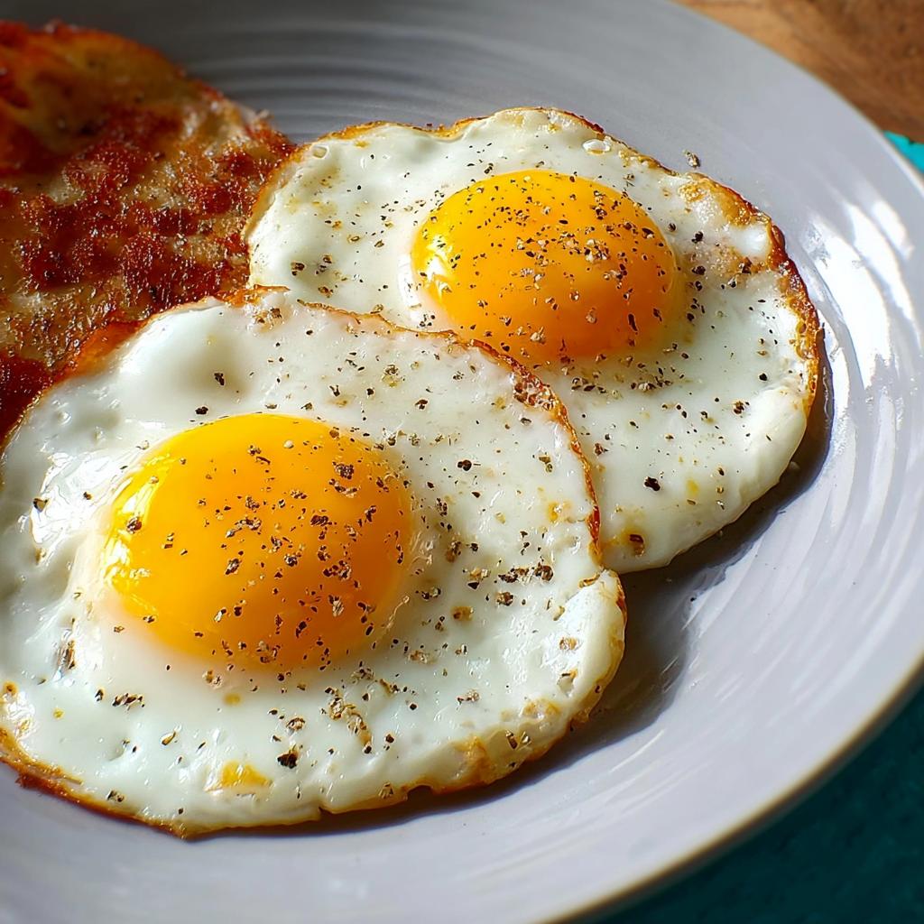 Two perfectly fried eggs with runny yolks, seasoned with black pepper, served with a side of crispy hash browns. A great egg recipe.