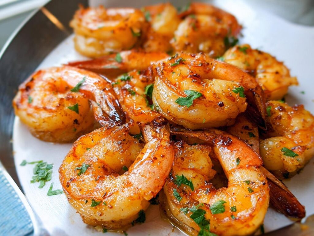 Close-up of perfectly cooked garlic butter shrimp, seasoned and garnished with parsley, from The Ultimate Shrimp Recipes Guide for Beginners.