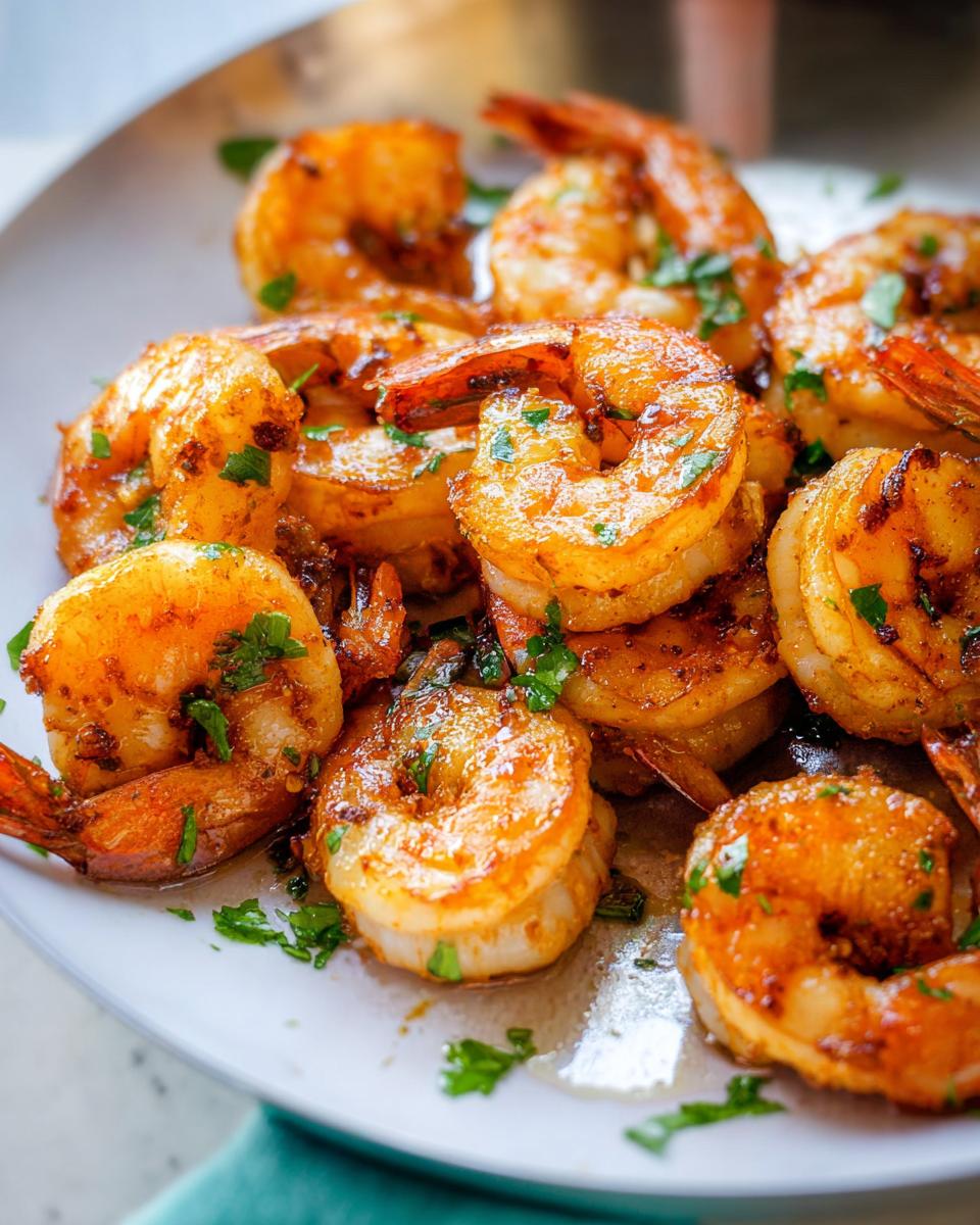 Close-up of a plate piled high with glistening garlic butter shrimp, garnished with fresh parsley.