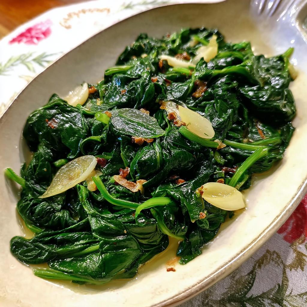 A close-up of garlicky spinach, a vibrant green vegetable side dish, part of the 20-Ingredient Veggie Sides Recipes.