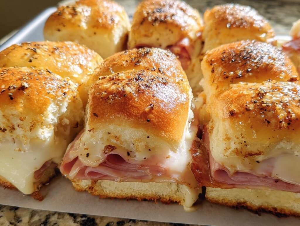 Close-up of golden-brown ham and cheese sliders, a delicious sandwich idea for busy weeknights.