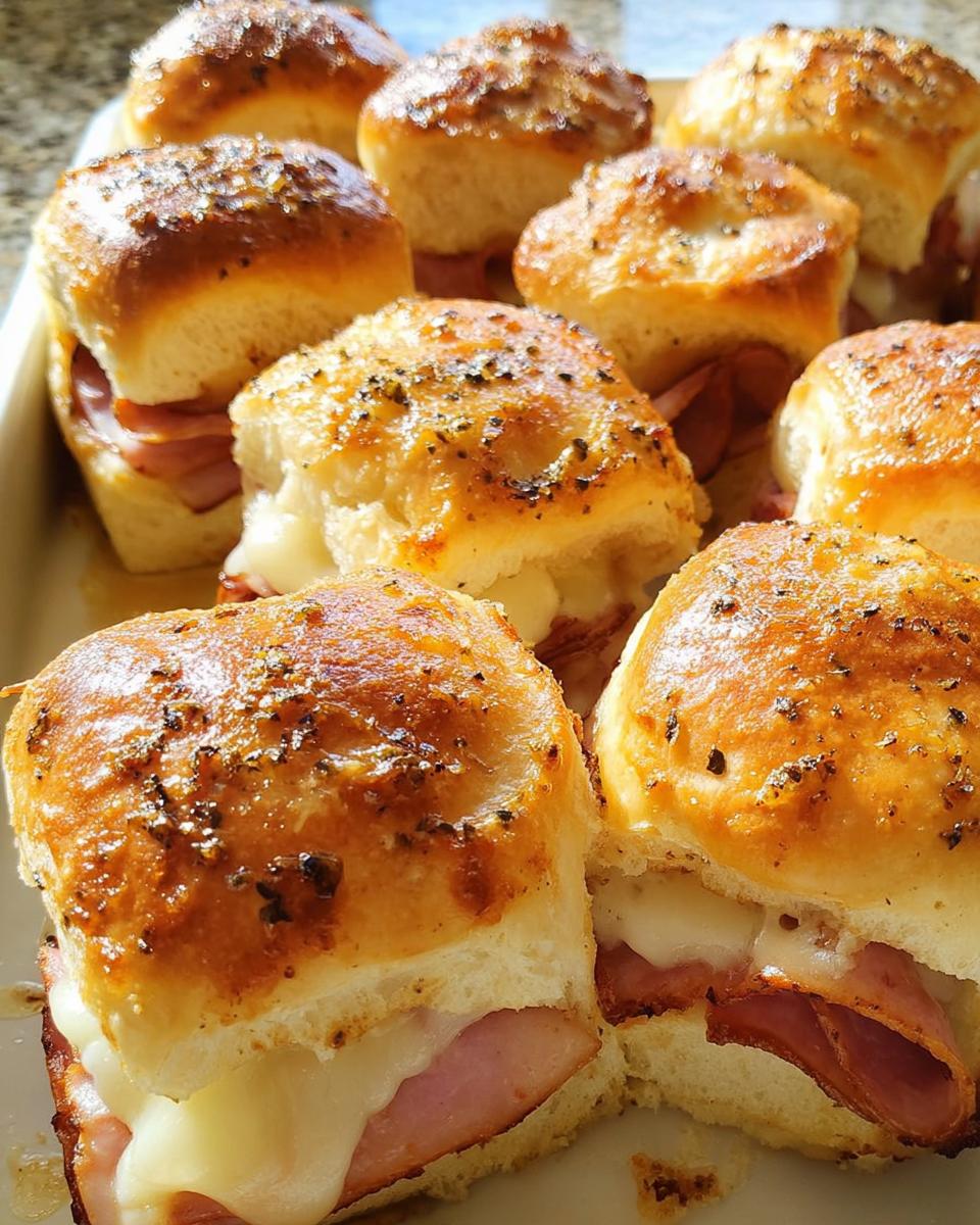 Close-up of several golden-brown ham and cheese sliders, a perfect example of genius sandwich ideas for busy weeknights.