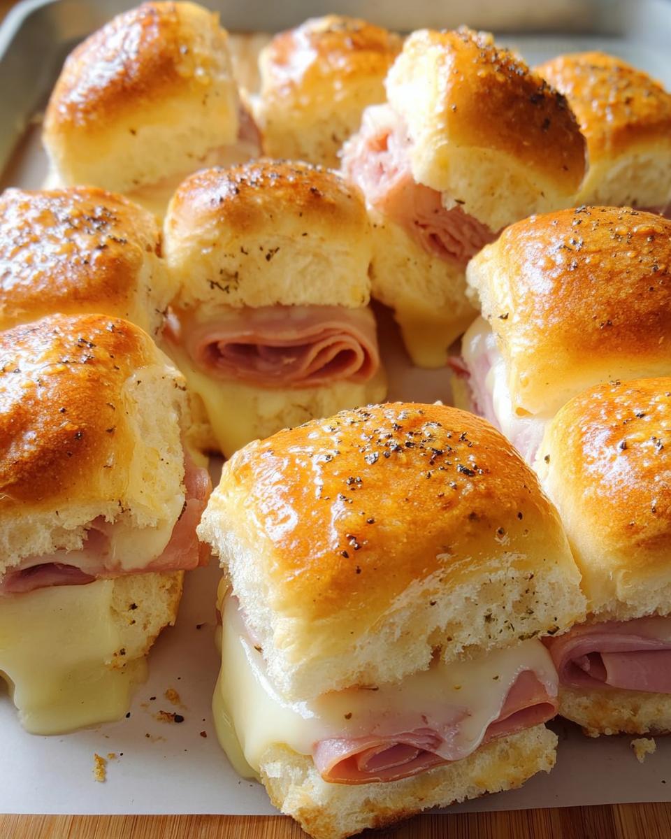 Close-up of golden-brown ham and cheese sliders, a perfect example of 12 Genius Sandwich Ideas for busy weeknights.