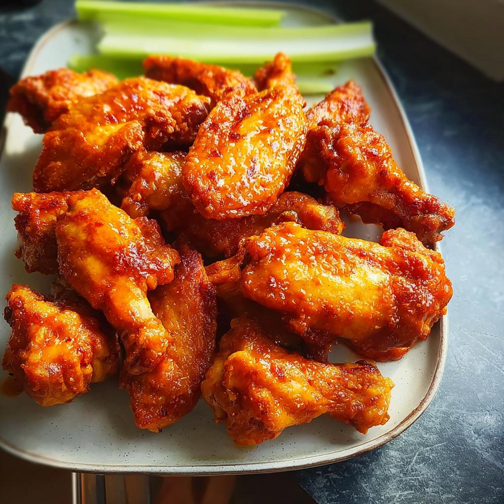 A plate full of delicious, glazed chicken wings, perfect for busy weeknights, served with celery sticks.