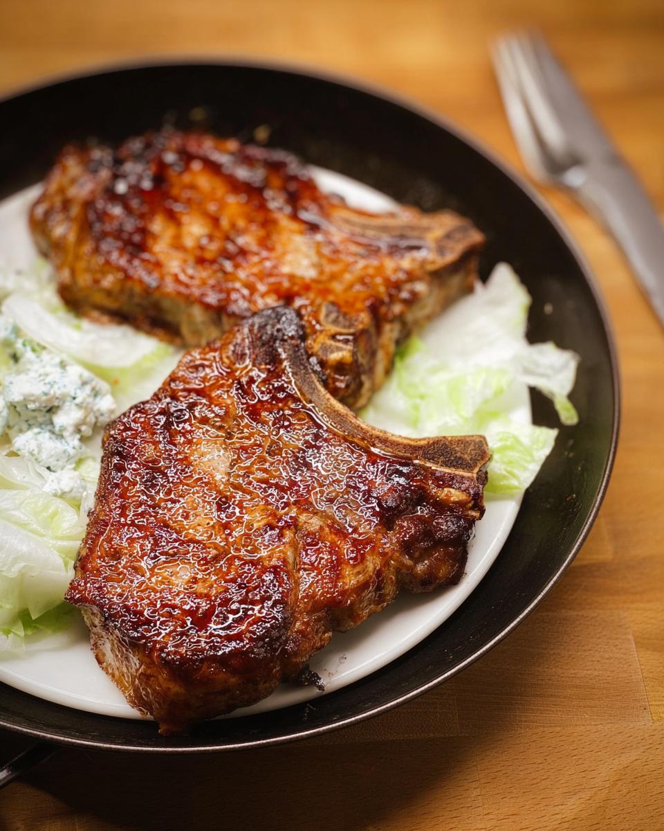 Two juicy, glazed pork chops served on a bed of lettuce with a side of crumbled blue cheese.