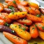 A close-up of glazed rainbow carrots, a delicious veggie sides meal prep option, garnished with fresh herbs.