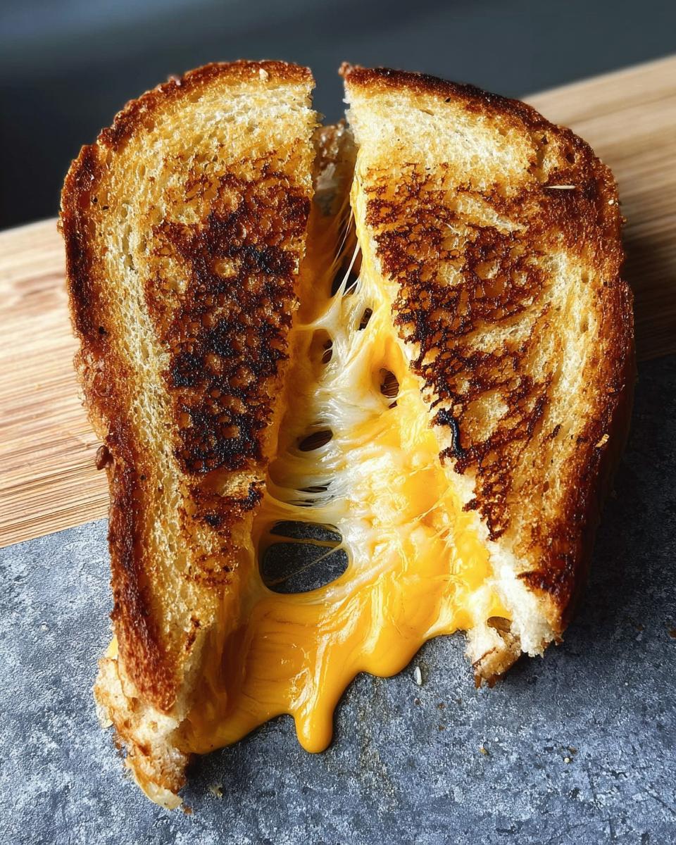 A perfectly grilled cheese sandwich, cut in half, with strings of melted cheddar cheese stretching between the pieces.