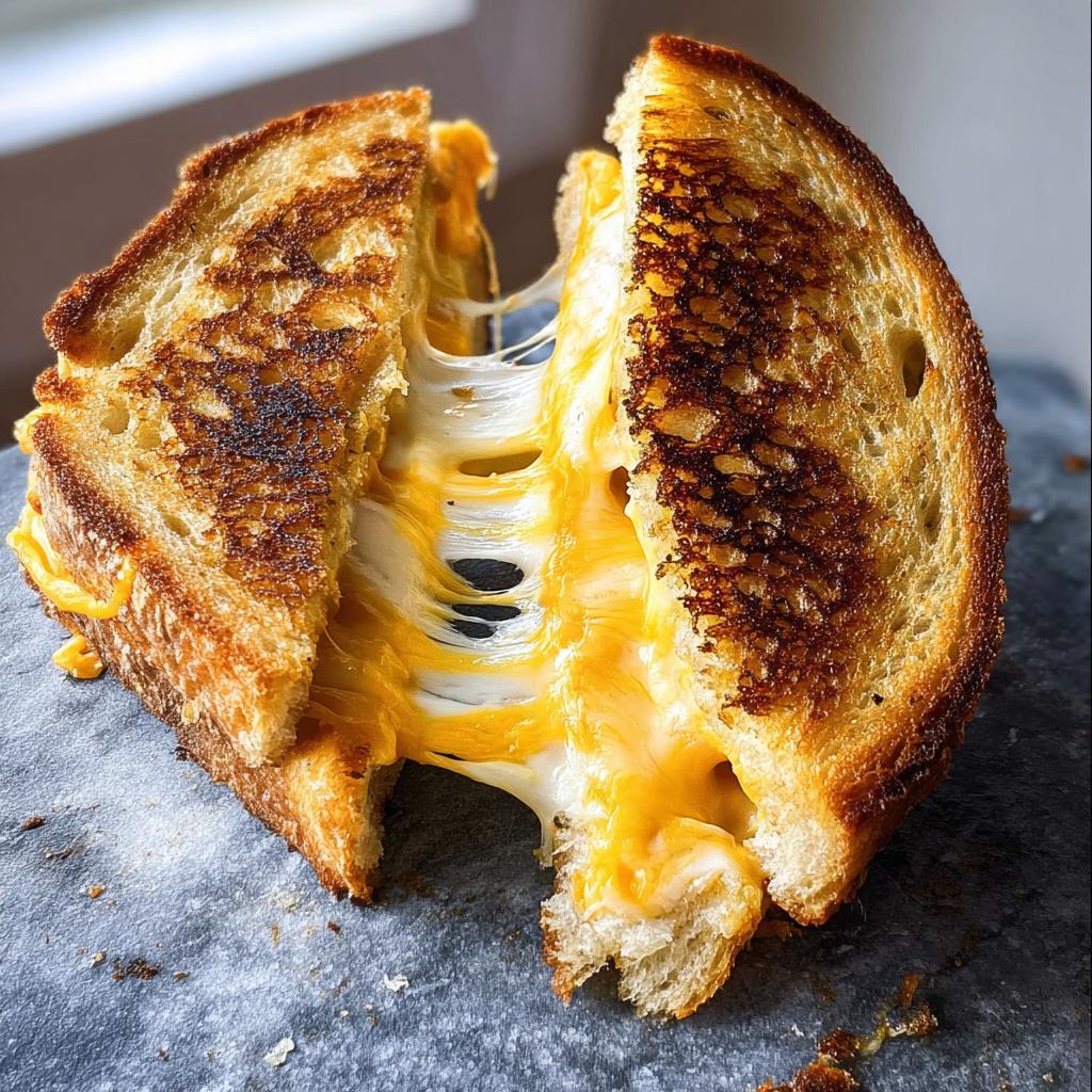 A perfectly grilled cheese sandwich, cut in half, with strings of melted cheese stretching between the pieces.