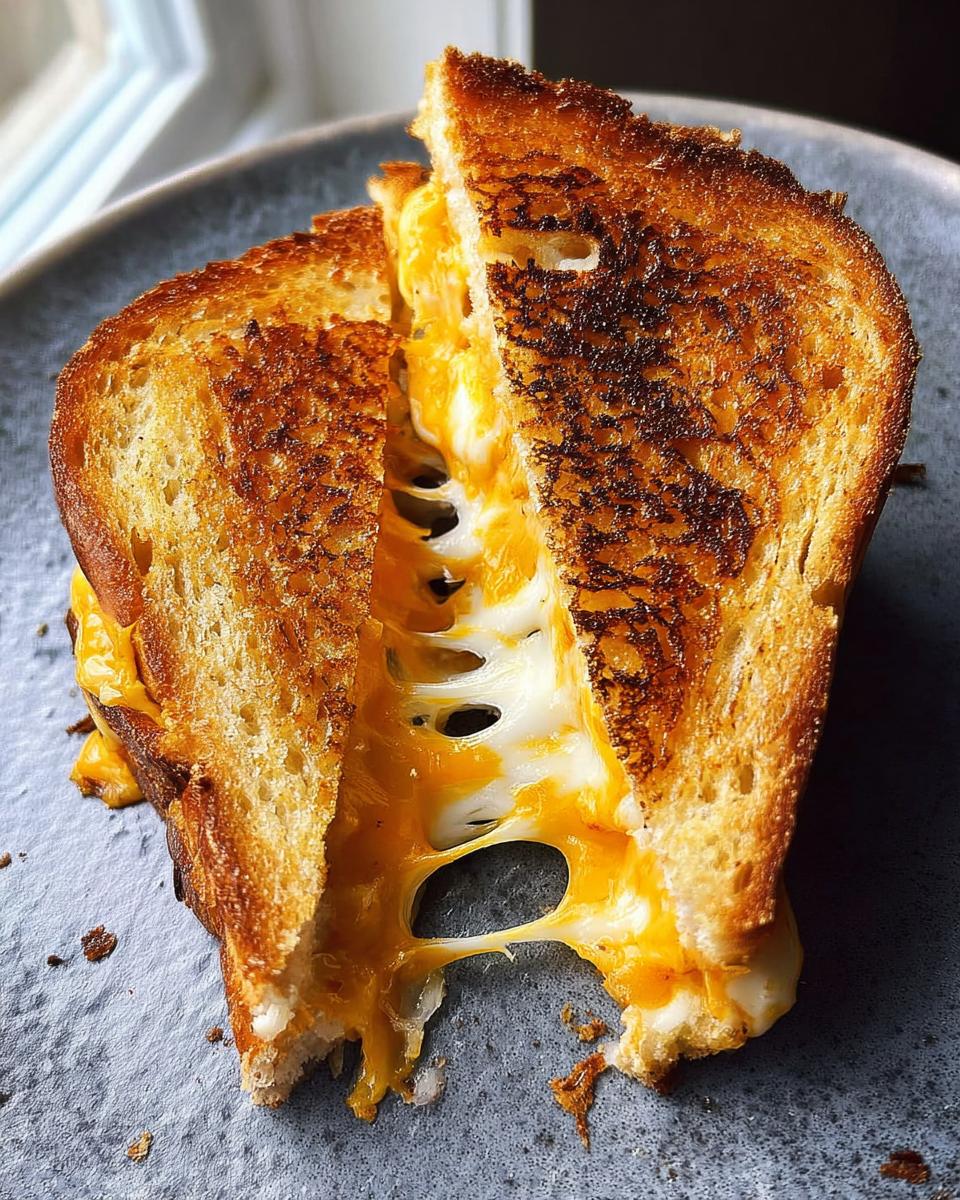 A close-up of a perfectly grilled cheese sandwich, cut in half, with melted cheese stretching between the slices.