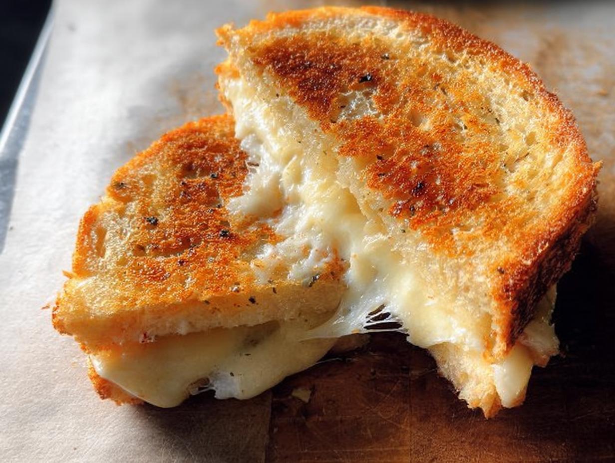 A perfectly grilled cheese sandwich, cut in half, with melted cheese oozing out. Features golden-brown bread and herbs.