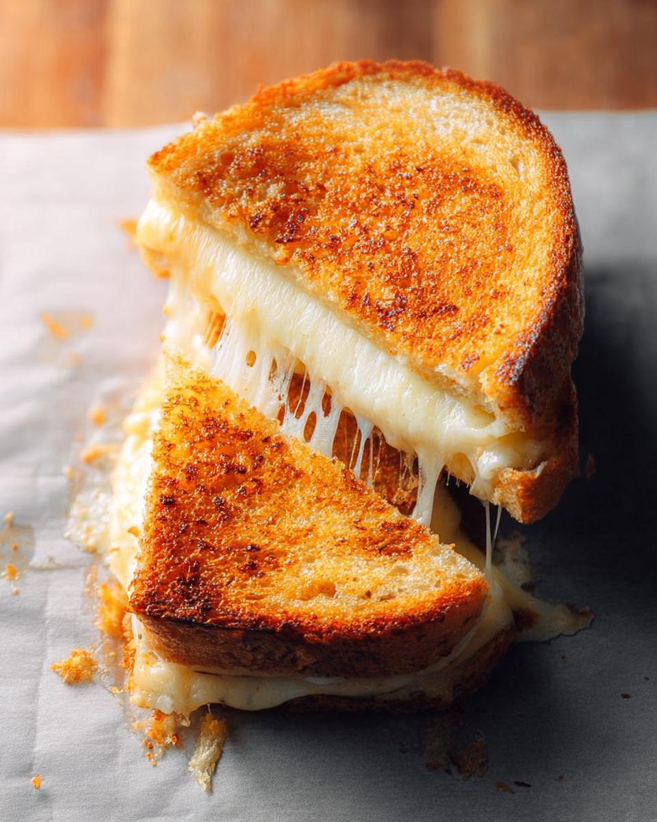 A perfectly grilled cheese sandwich, cut in half, with strings of melted cheese stretching between the pieces.