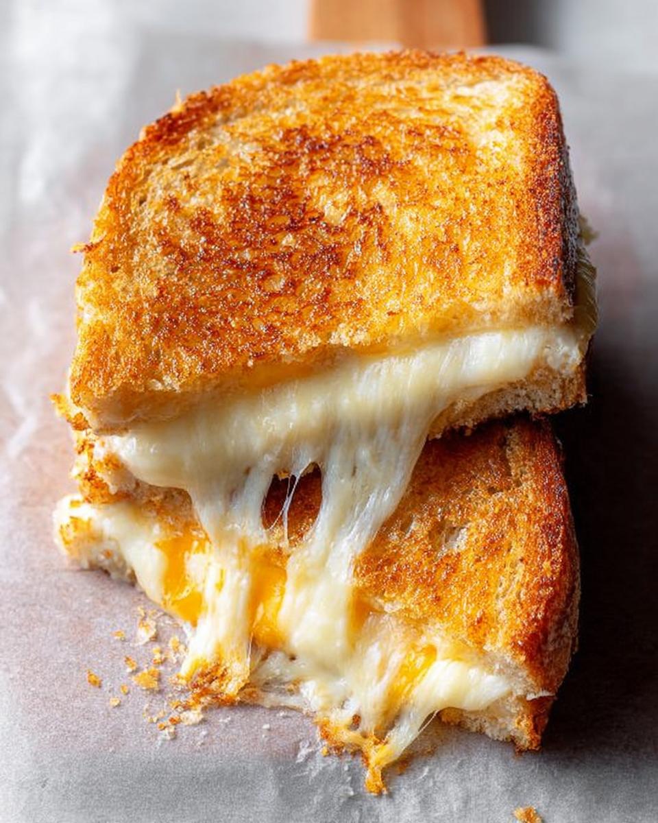 Close-up of a perfectly grilled cheese sandwich with melted, gooey cheese oozing out.