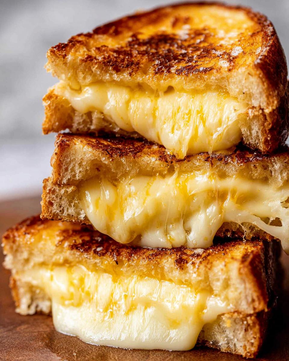 A stack of three perfectly grilled cheese recipes, with melted cheese oozing out.
