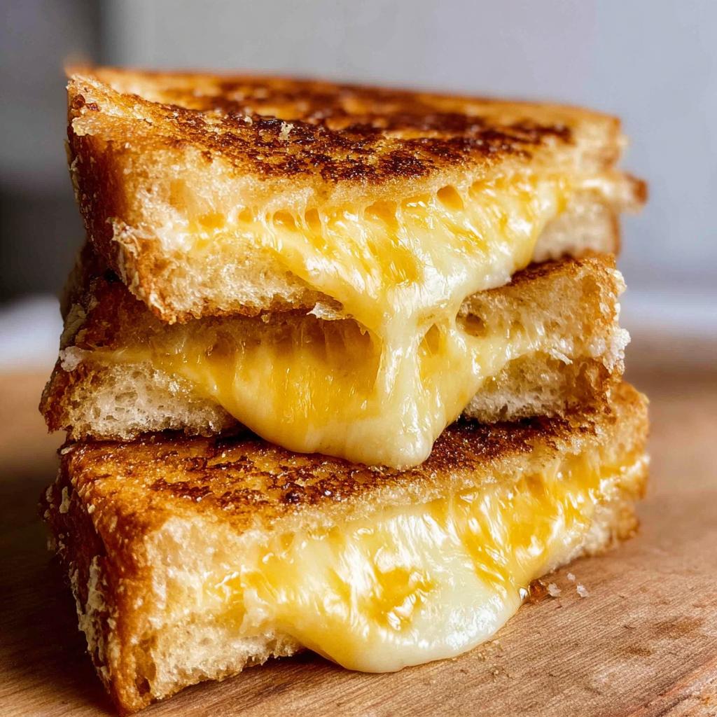 Stack of three perfectly grilled cheese sandwiches with melted cheese oozing out.