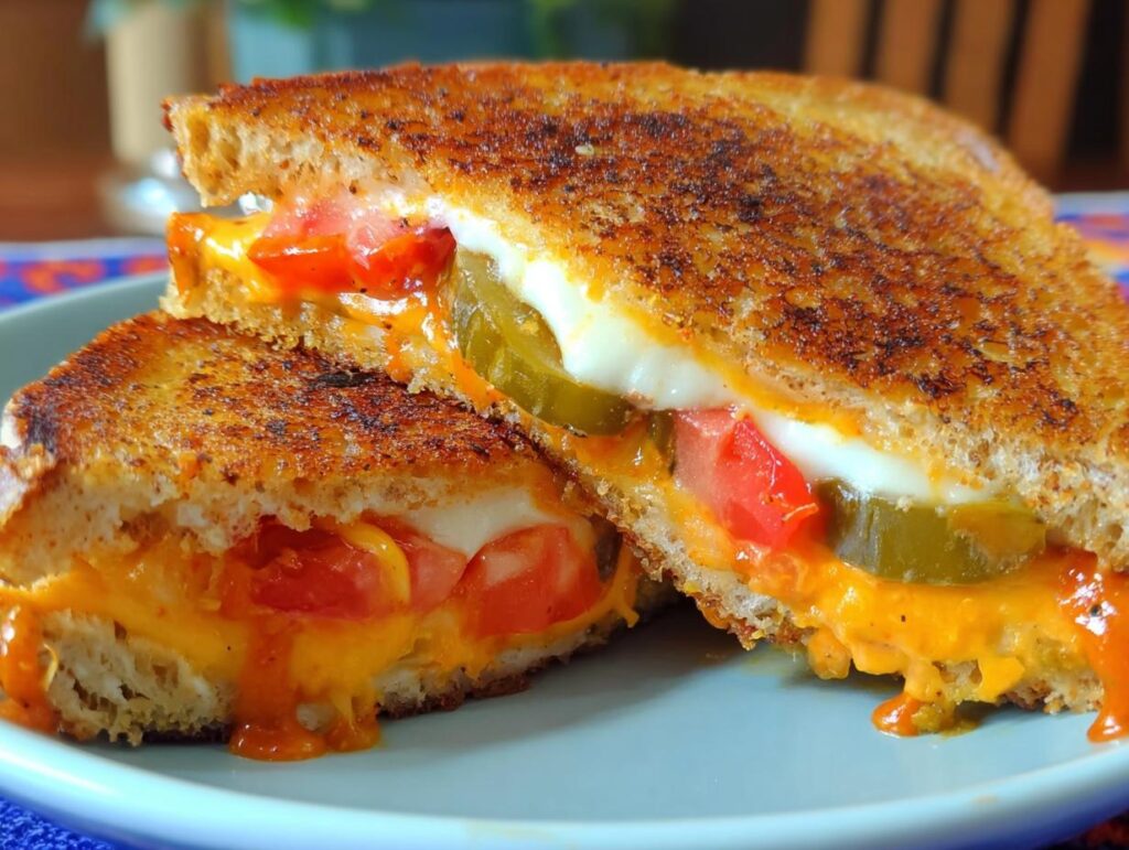 Close-up of a gooey grilled cheese sandwich cut in half, revealing melted cheese, tomato slices, and pickles.