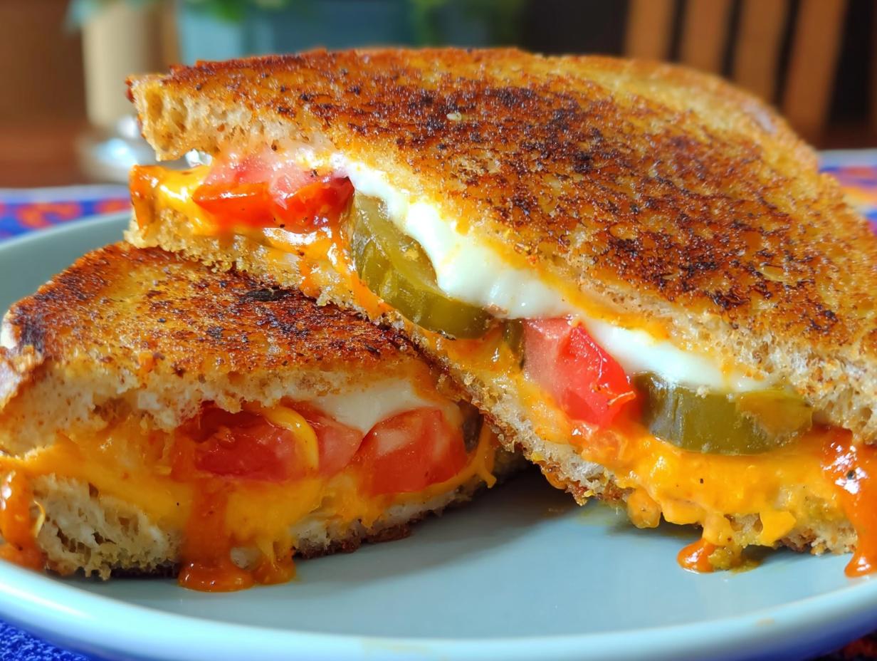 Close-up of a gooey grilled cheese sandwich cut in half, revealing melted cheese, tomato slices, and pickles.