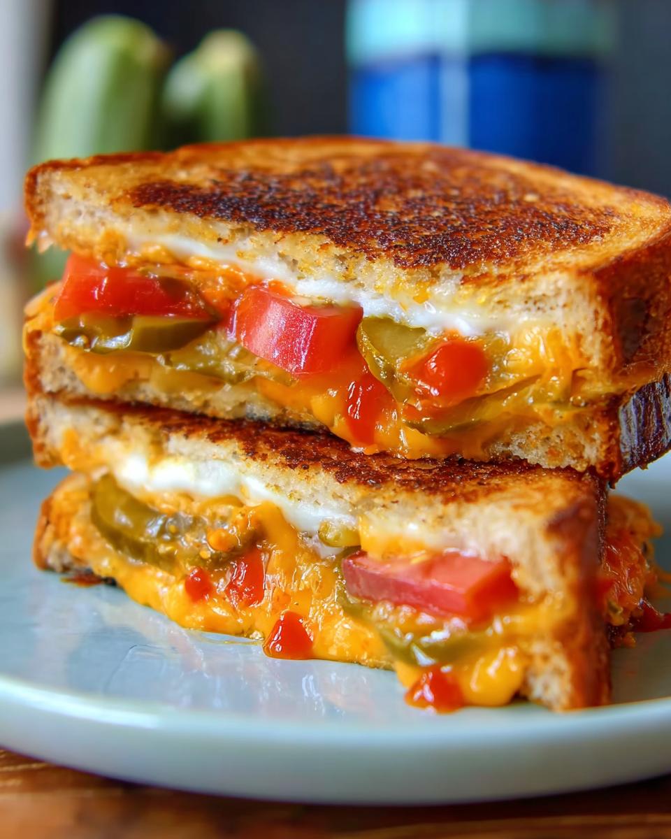 A stack of two halves of a gourmet grilled cheese sandwich, filled with melted cheese, sliced tomatoes, and pickles.