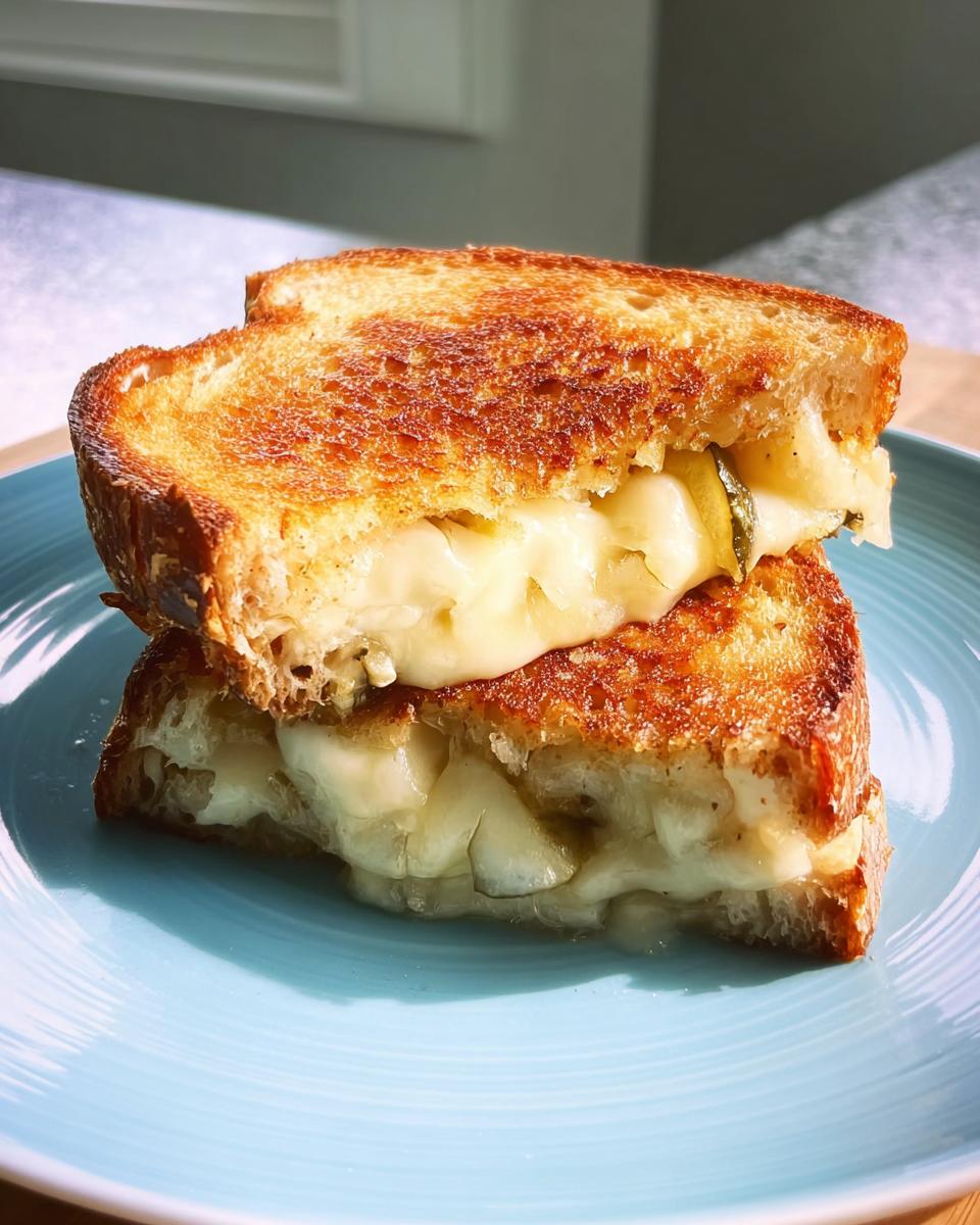 A close-up of a perfectly grilled cheese sandwich, oozing with melted cheese and served on a blue plate.