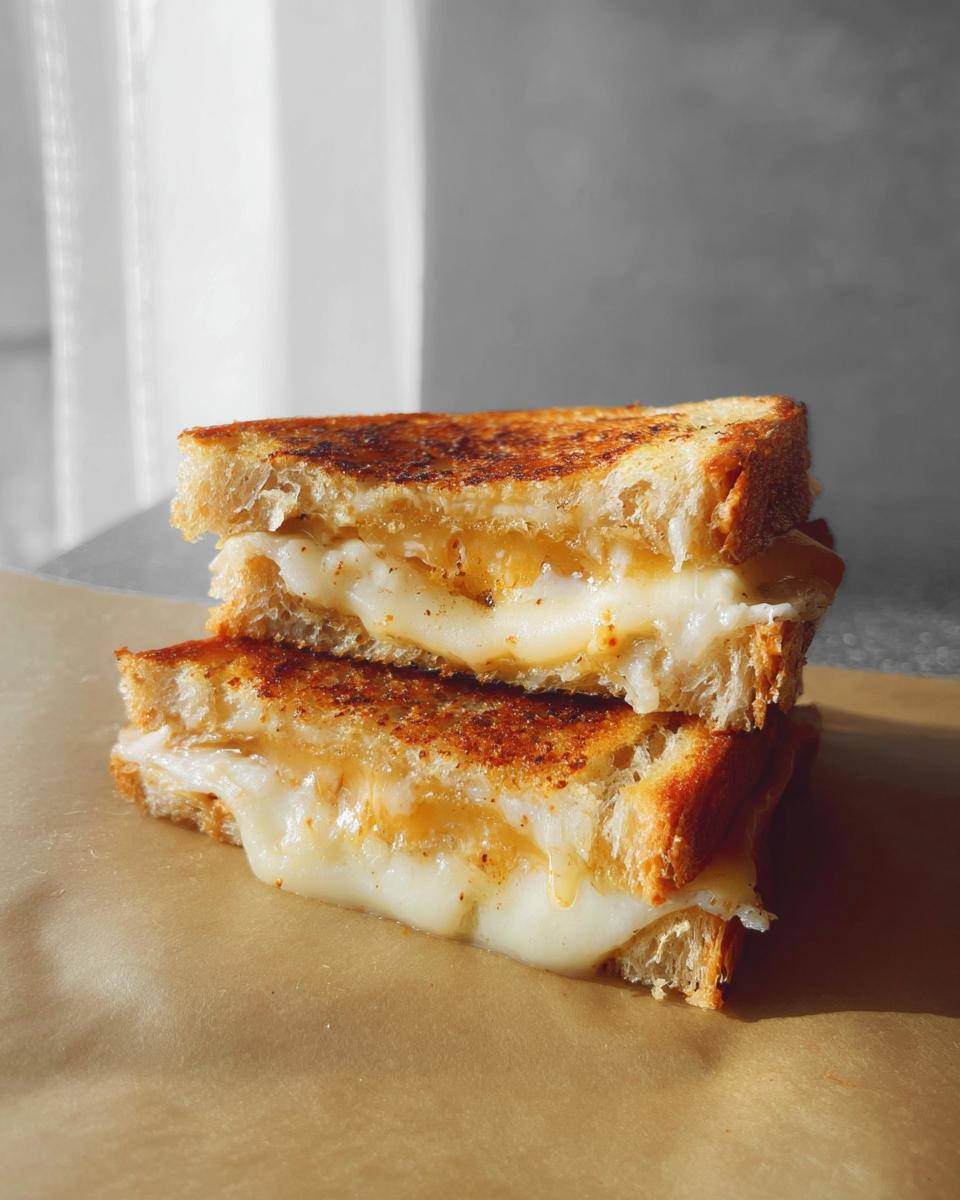 A close-up of two halves of a perfectly grilled cheese sandwich, with gooey melted cheese oozing out.