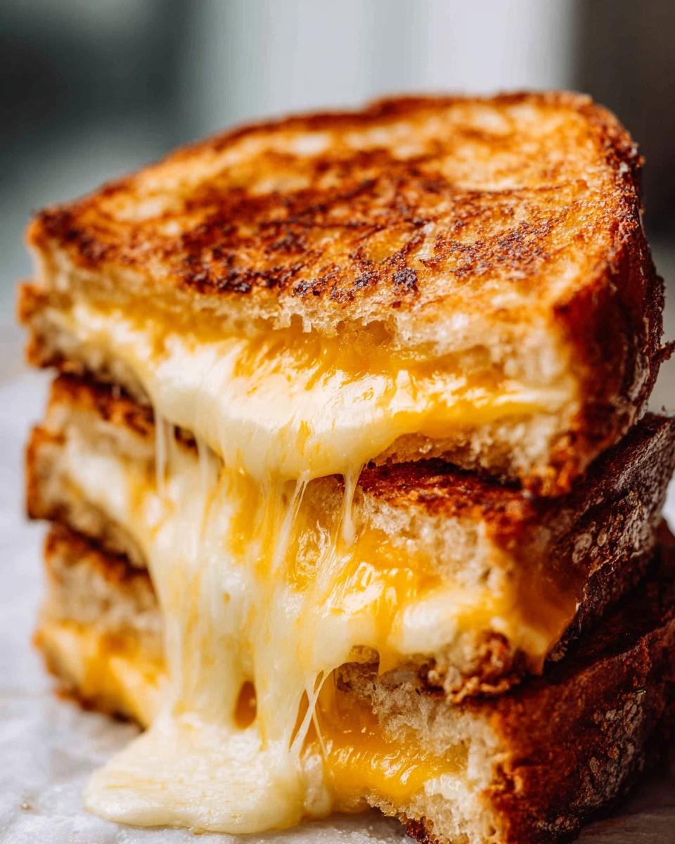 A stack of three golden-brown grilled cheese sandwiches with gooey, melted cheese oozing out.