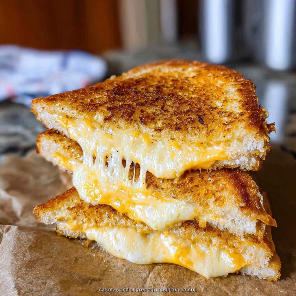 A stack of three perfectly grilled cheese sandwiches with gooey, melted cheese oozing out. Featured in Grilled Cheese Recipes in 12 Minutes.