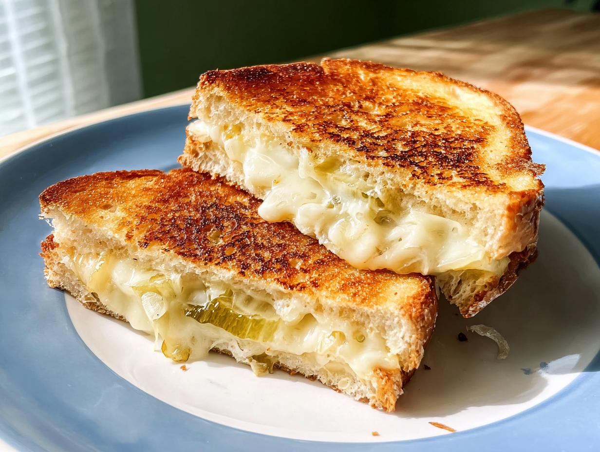 A close-up of a perfectly grilled cheese sandwich, cut in half, with melted cheese oozing out.