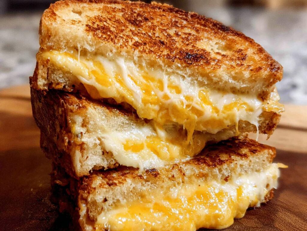 Close-up of a stacked grilled cheese sandwich with gooey melted cheese oozing out.