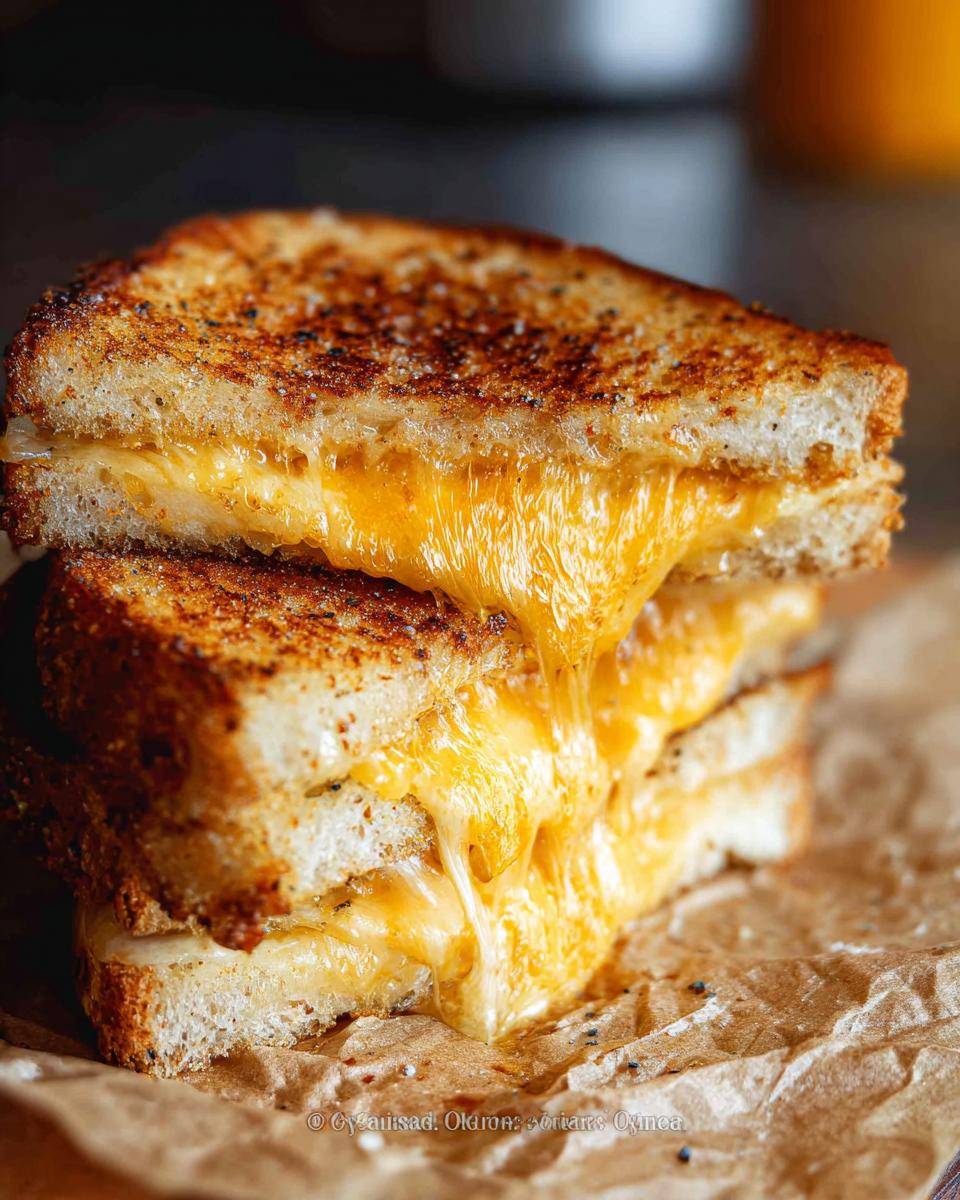 A close-up of two stacked grilled cheese sandwiches with melted cheese oozing out.