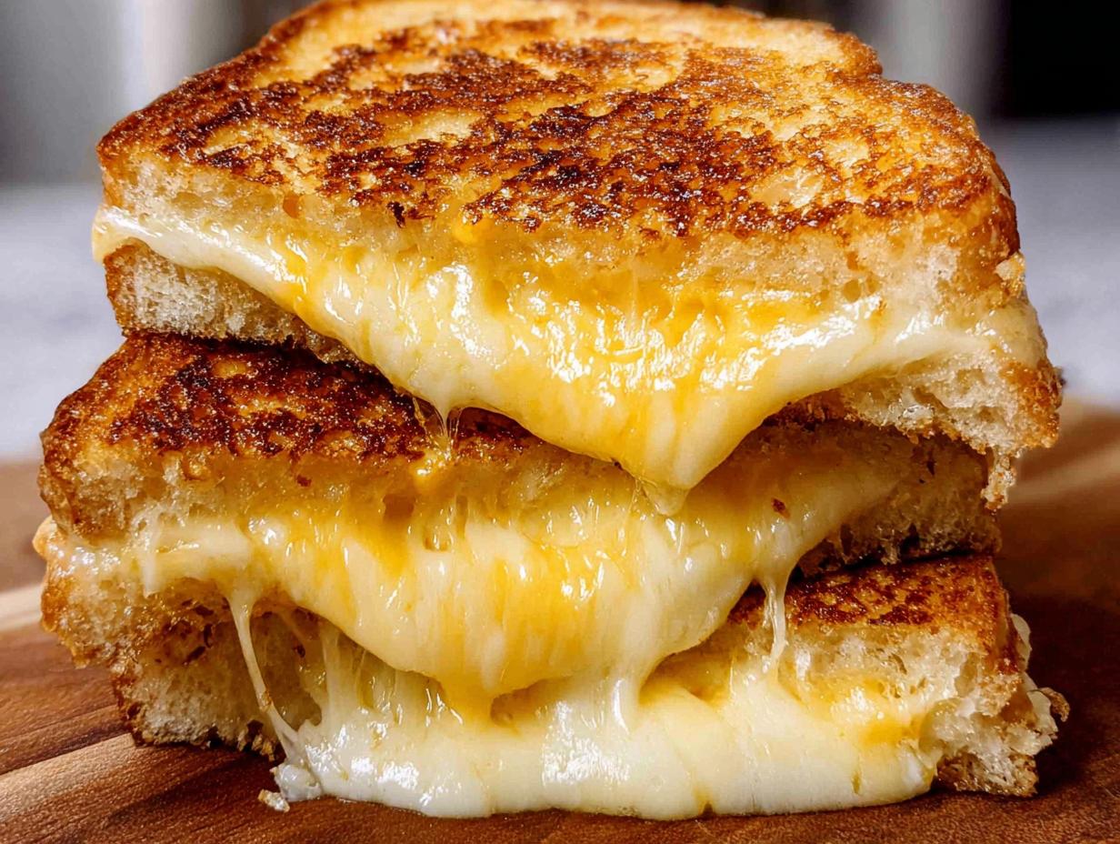 A close-up of a stack of two perfectly grilled cheese sandwiches, with gooey melted cheese oozing out.