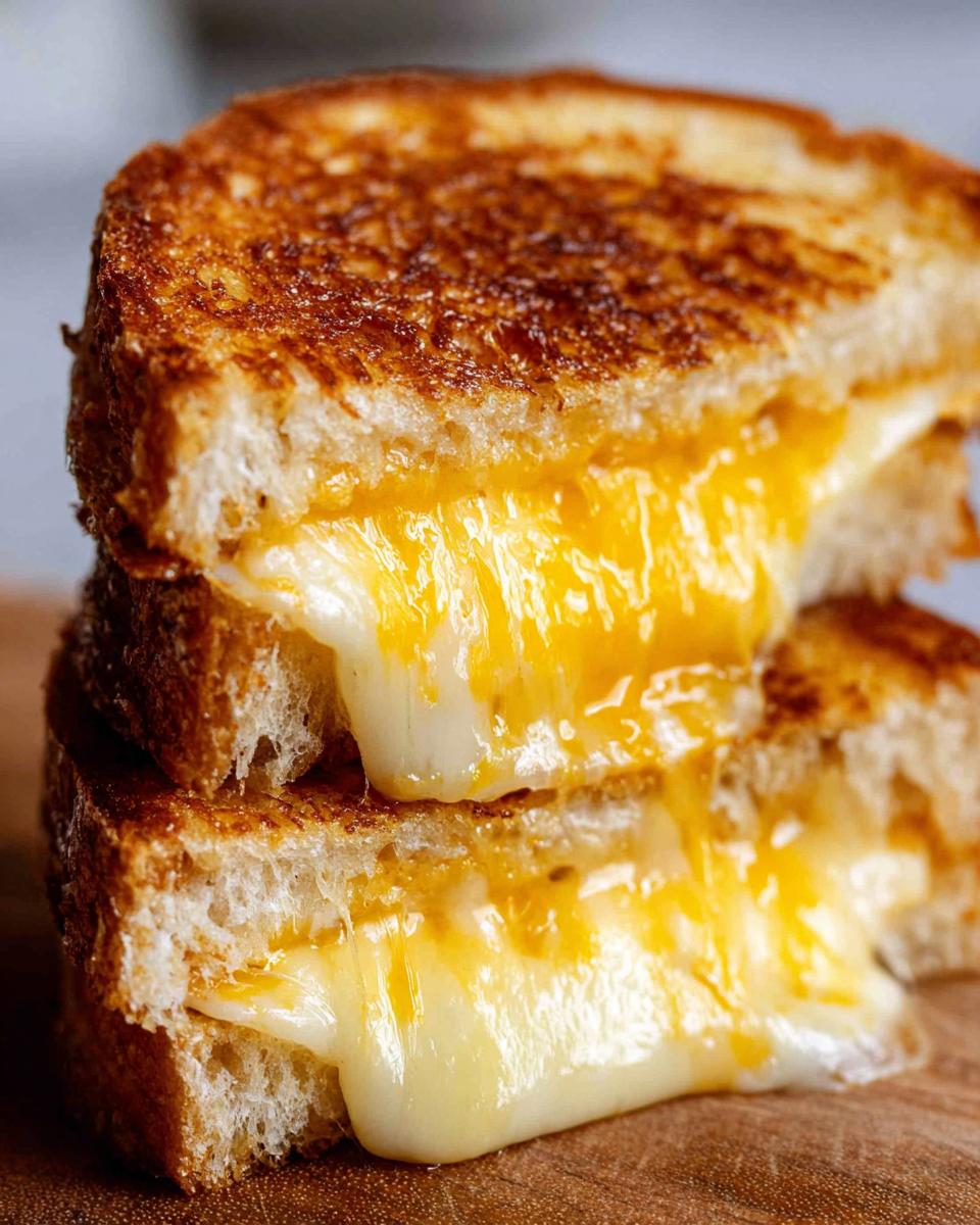 A close-up of a stack of two perfectly grilled cheese sandwiches with gooey melted cheese oozing out.