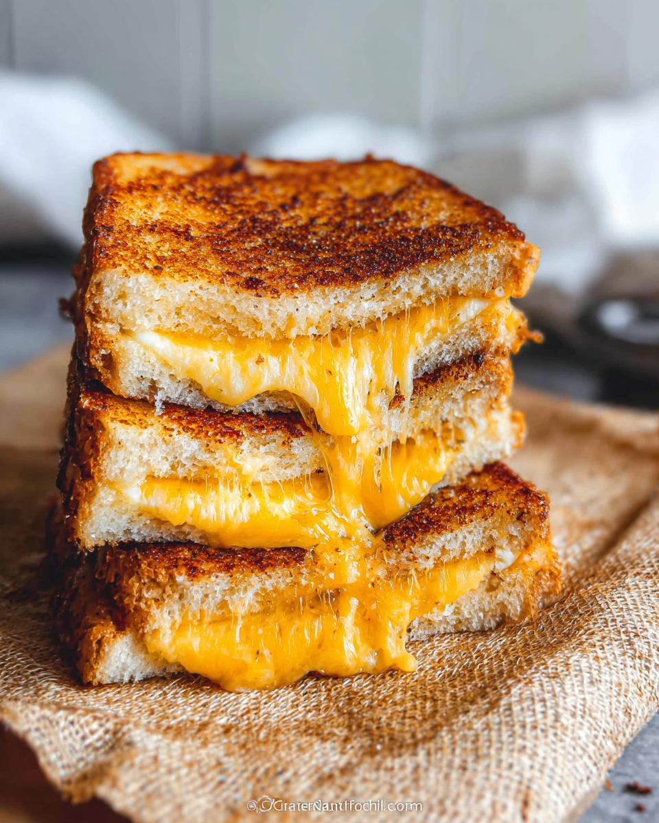 A stack of three golden-brown grilled cheese sandwiches with gooey, melted cheese oozing out.