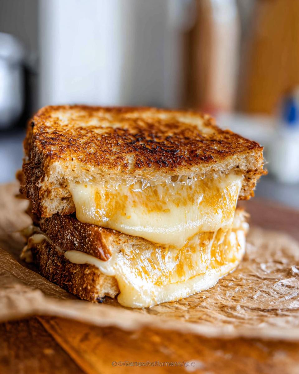 A close-up of a gooey, melted cheese sandwich, showcasing the deliciousness of grilled cheese recipes in 12 minutes.