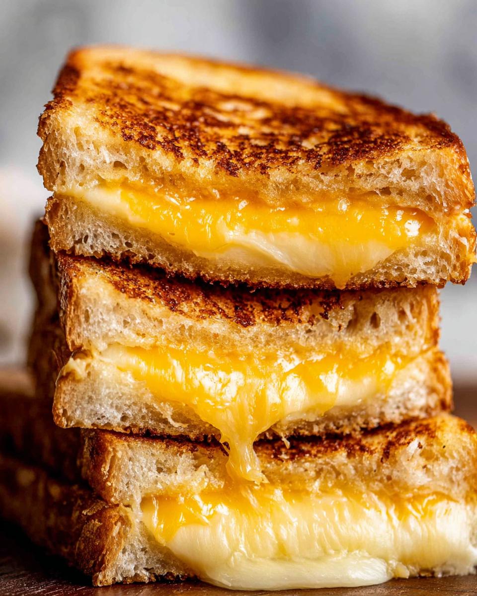 A stack of three perfectly golden brown grilled cheese sandwiches with melted cheese oozing out.