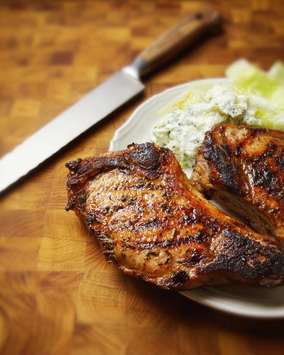 Two perfectly grilled pork chops served with a creamy side dish and lettuce.