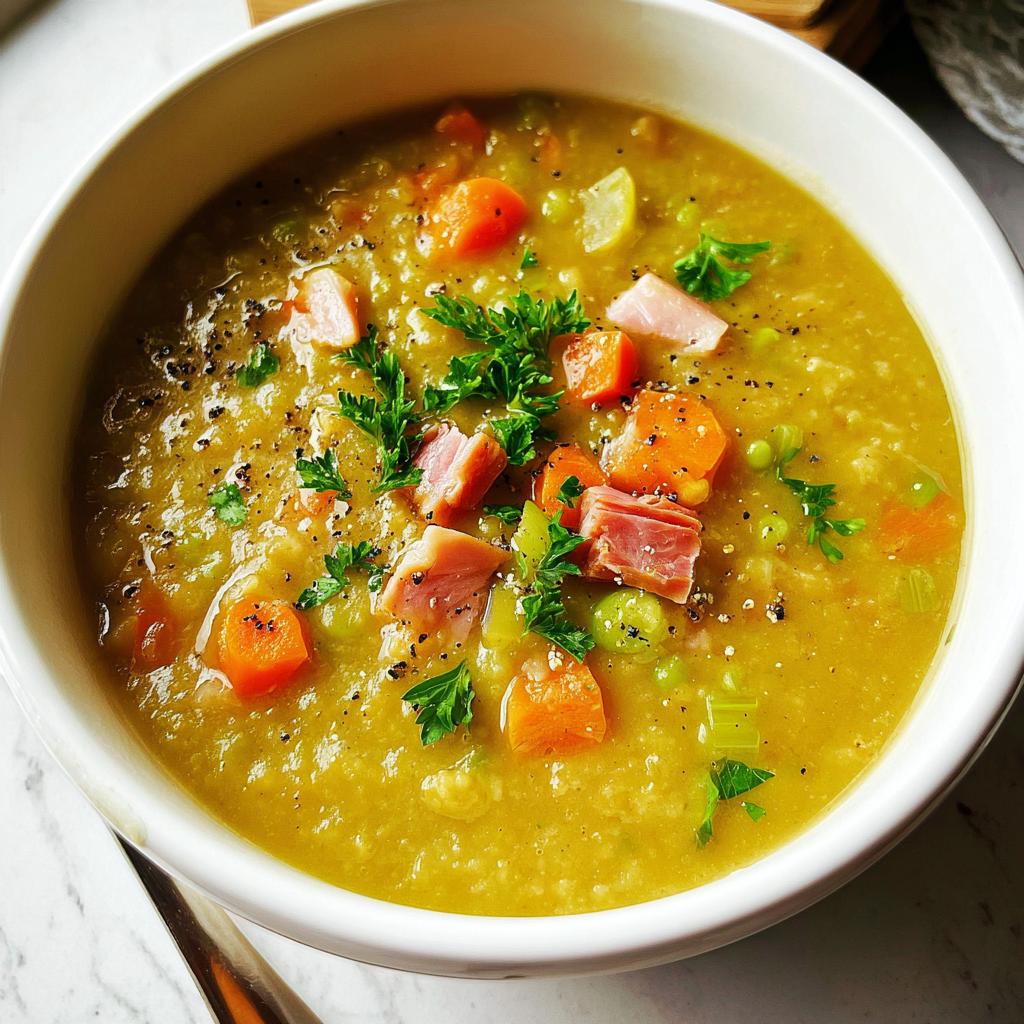 Close-up of a bowl of hearty ham and pea soup, garnished with fresh parsley and black pepper.