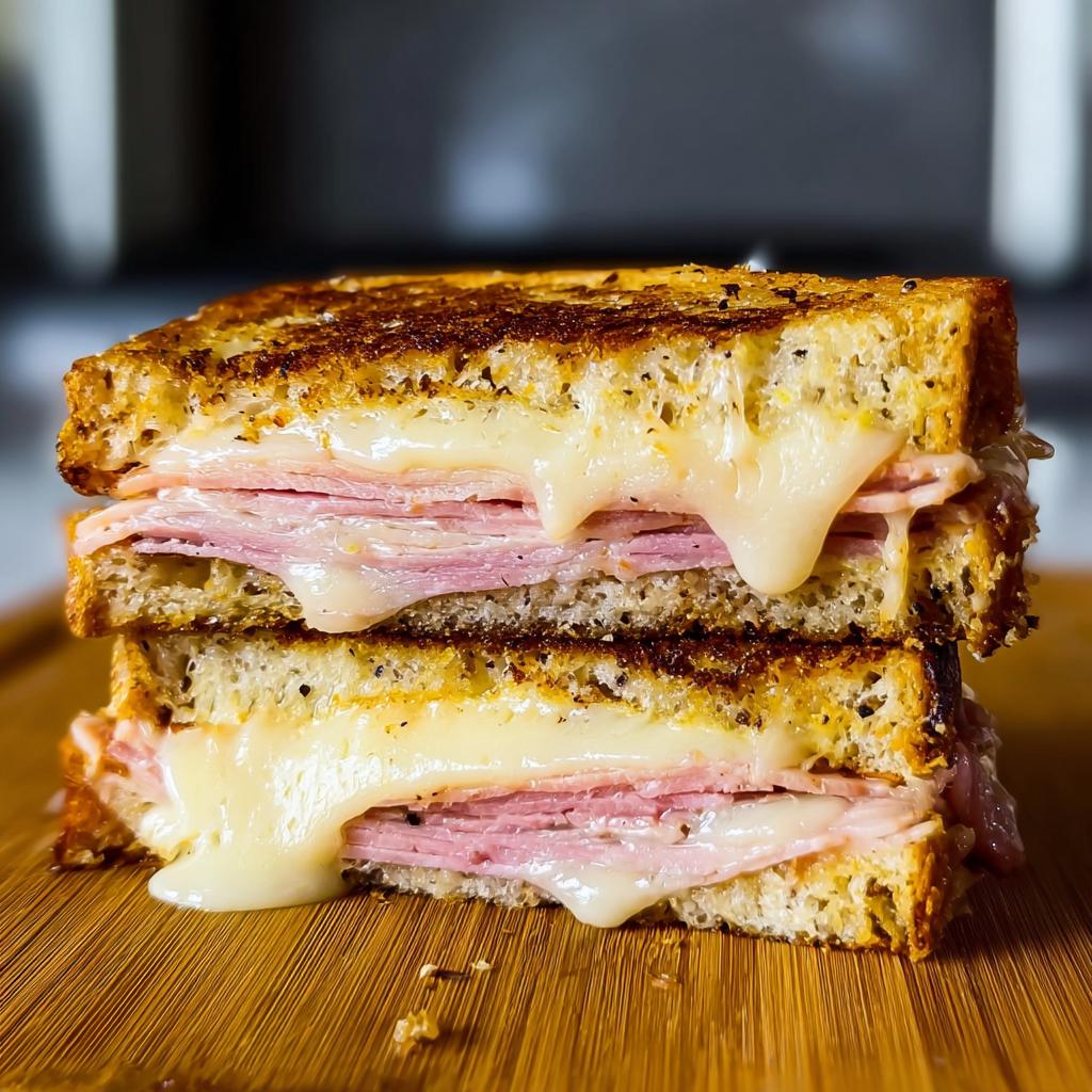 A close-up of a perfectly grilled ham and cheese sandwich, with melted cheese oozing out, perfect for sandwich ideas recipes.