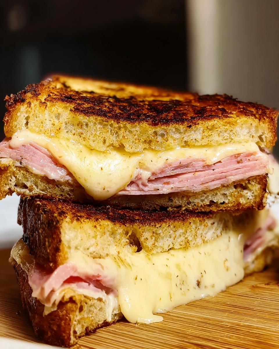 Close-up of a grilled ham and cheese sandwich with melted cheese oozing out, perfect for sandwich ideas recipes.